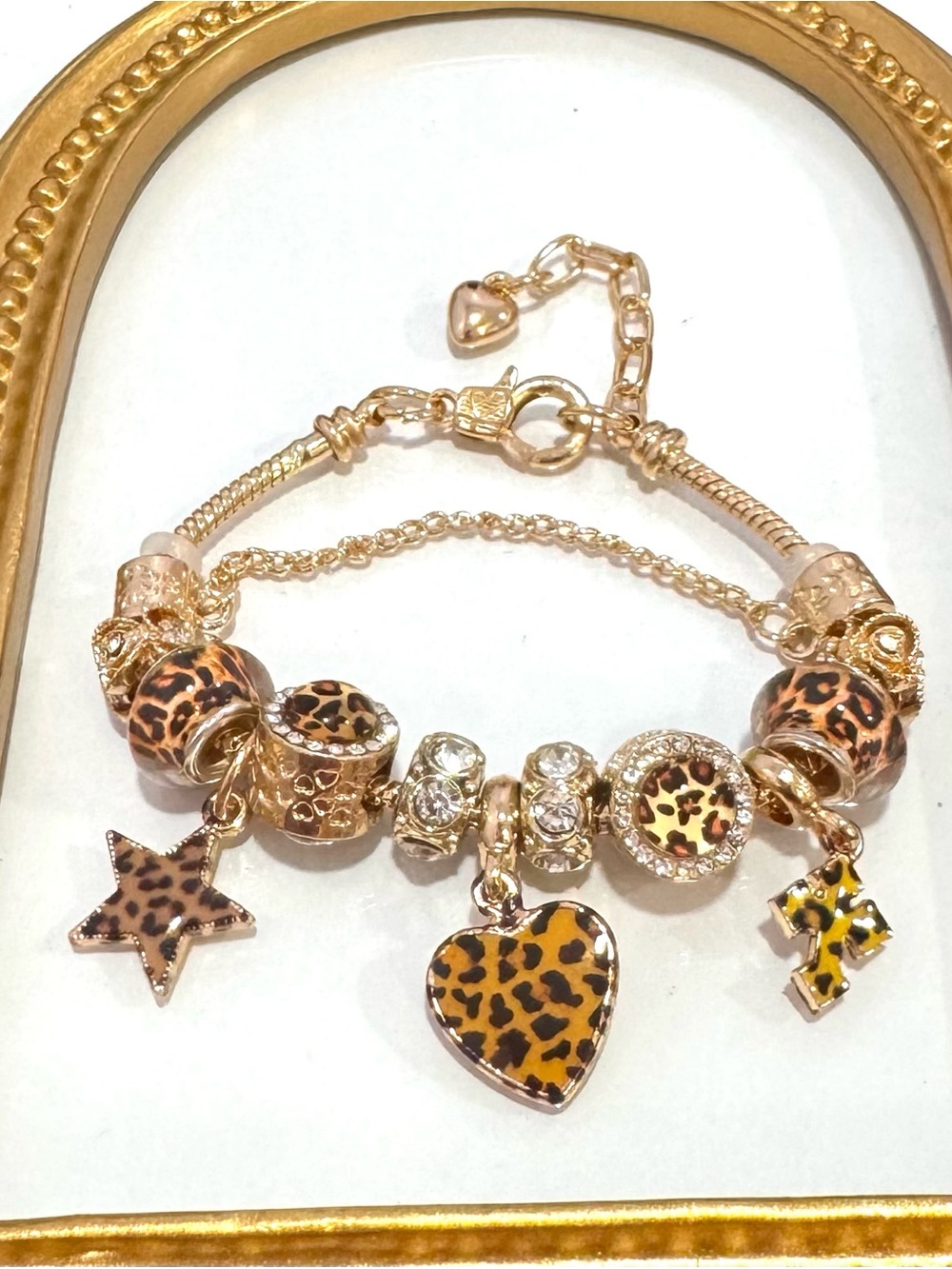 New Gold Leopard-Print Charm Bracelet 7 inches plus extender